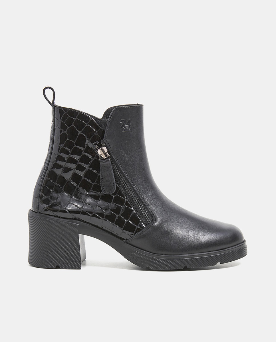 Botins de Salto em Napa com Traseira Croco com Verniz - Preto Preto-1