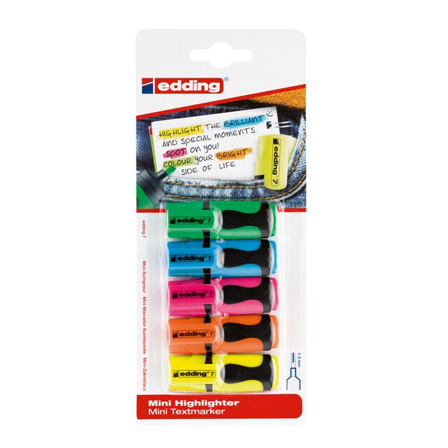 Imagem 0 de Blister com 5 mini canetas fluorescentes, ideais paraa mala Edding em cores clássicas.