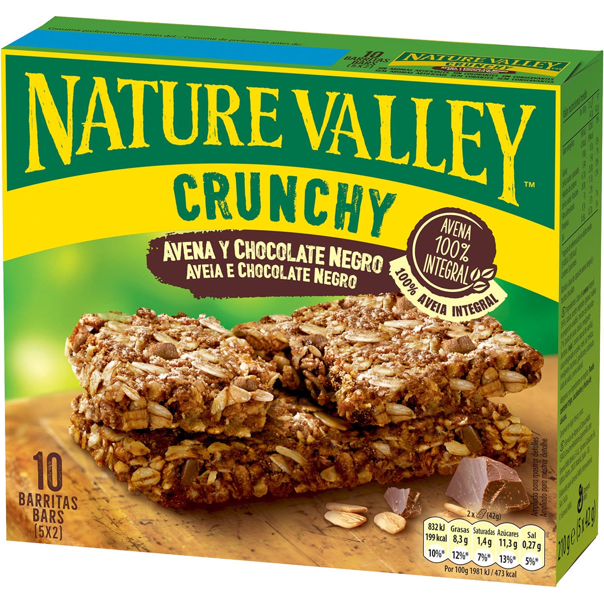 Crunchy barritas de avena 100% integral con chocolate negro 5x2 unidades estuche 210 g