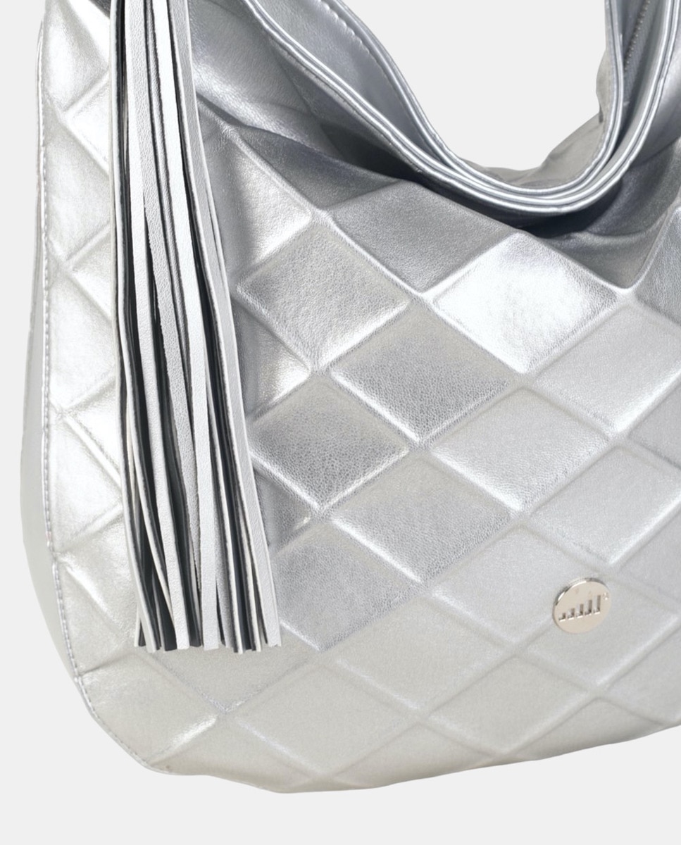 Mala de Ombro de uma Alça Elaborada em PU com Textura e Lisa, Sempre a Condizer - Prateado Prata-3