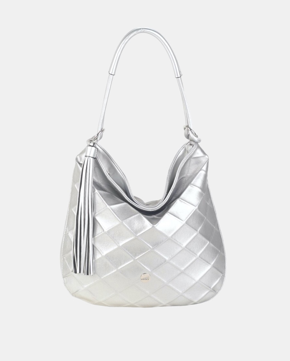 Mala de Ombro de uma Alça Elaborada em PU com Textura e Lisa, Sempre a Condizer - Prateado Prata-1