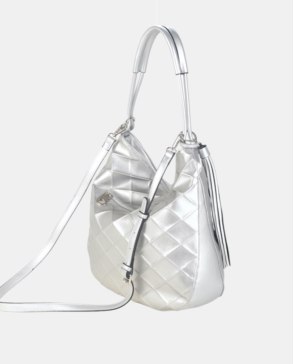 Mala de Ombro de uma Alça Elaborada em PU com Textura e Lisa, Sempre a Condizer - Prateado Prata-2