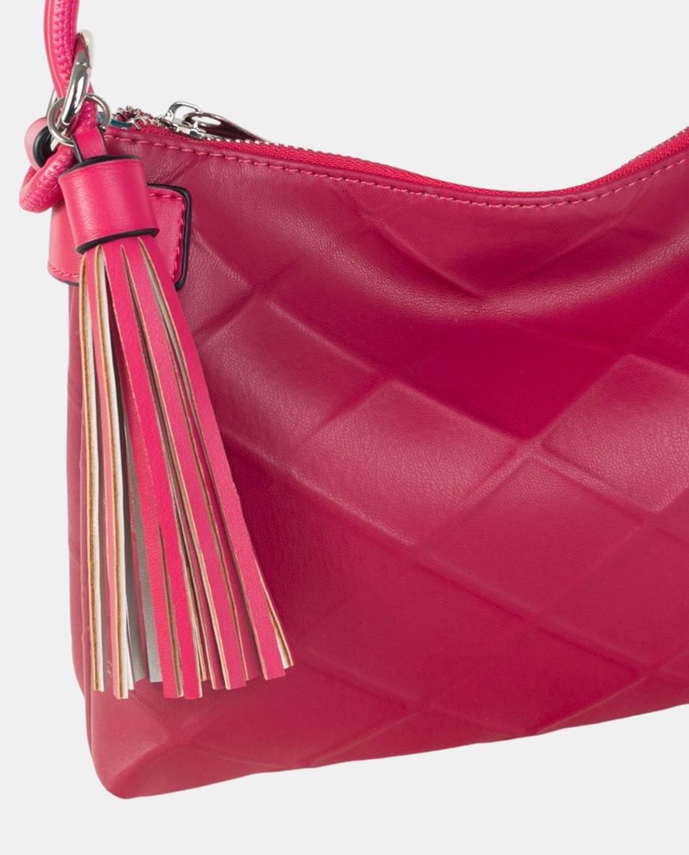 Mala de Ombro Pequena de uma Alça Elaborada em PU com Textura e Lisa, Sempre a Condizer - Fúcsia Fúcsia-3