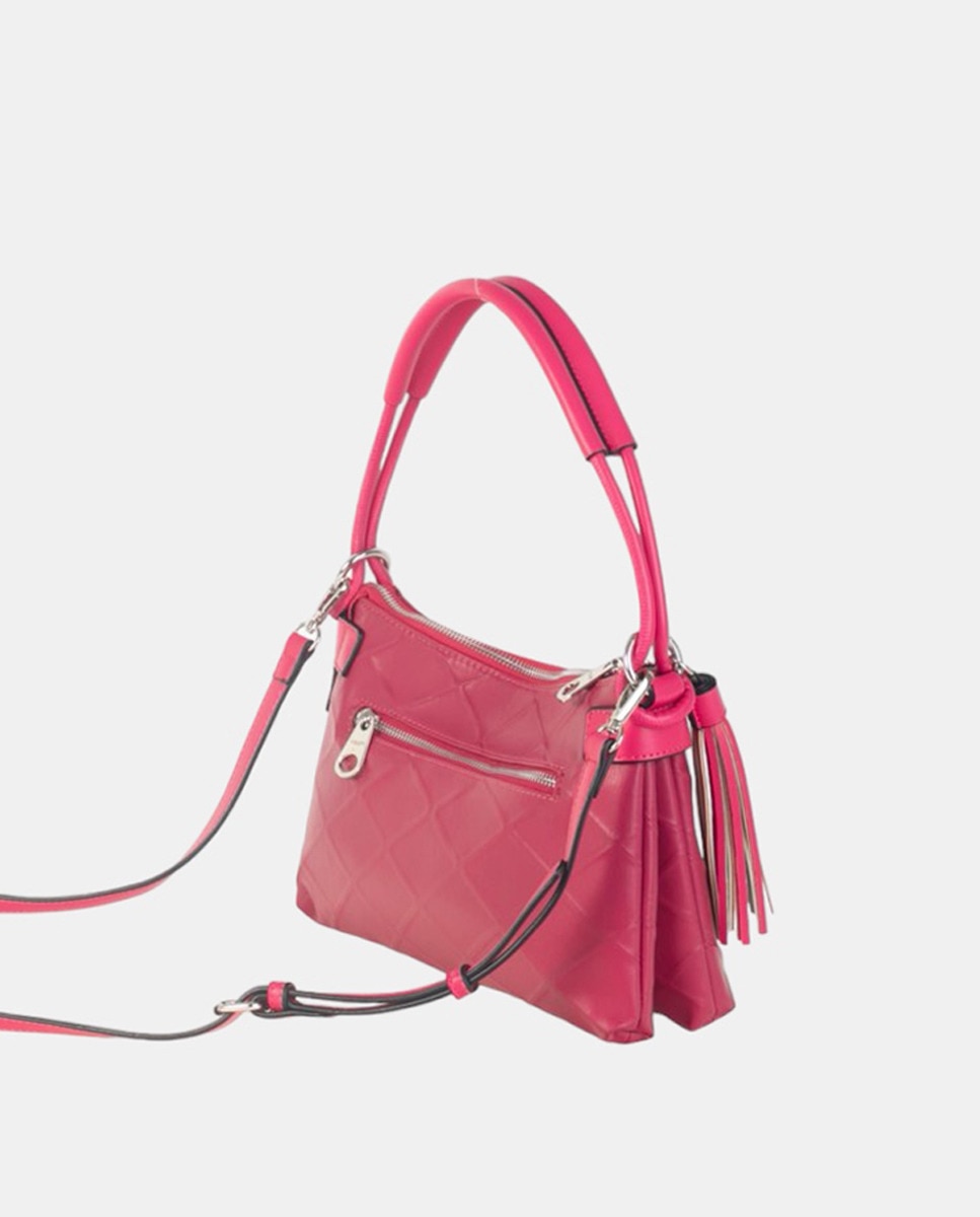 Mala de Ombro Pequena de uma Alça Elaborada em PU com Textura e Lisa, Sempre a Condizer - Fúcsia Fúcsia-2