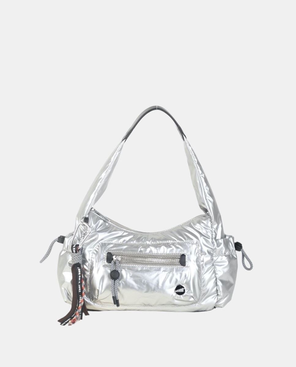 Mala de Ombro Tipo Baguette em Nylon com Detalhes Desportivos - Prateado Prata-1