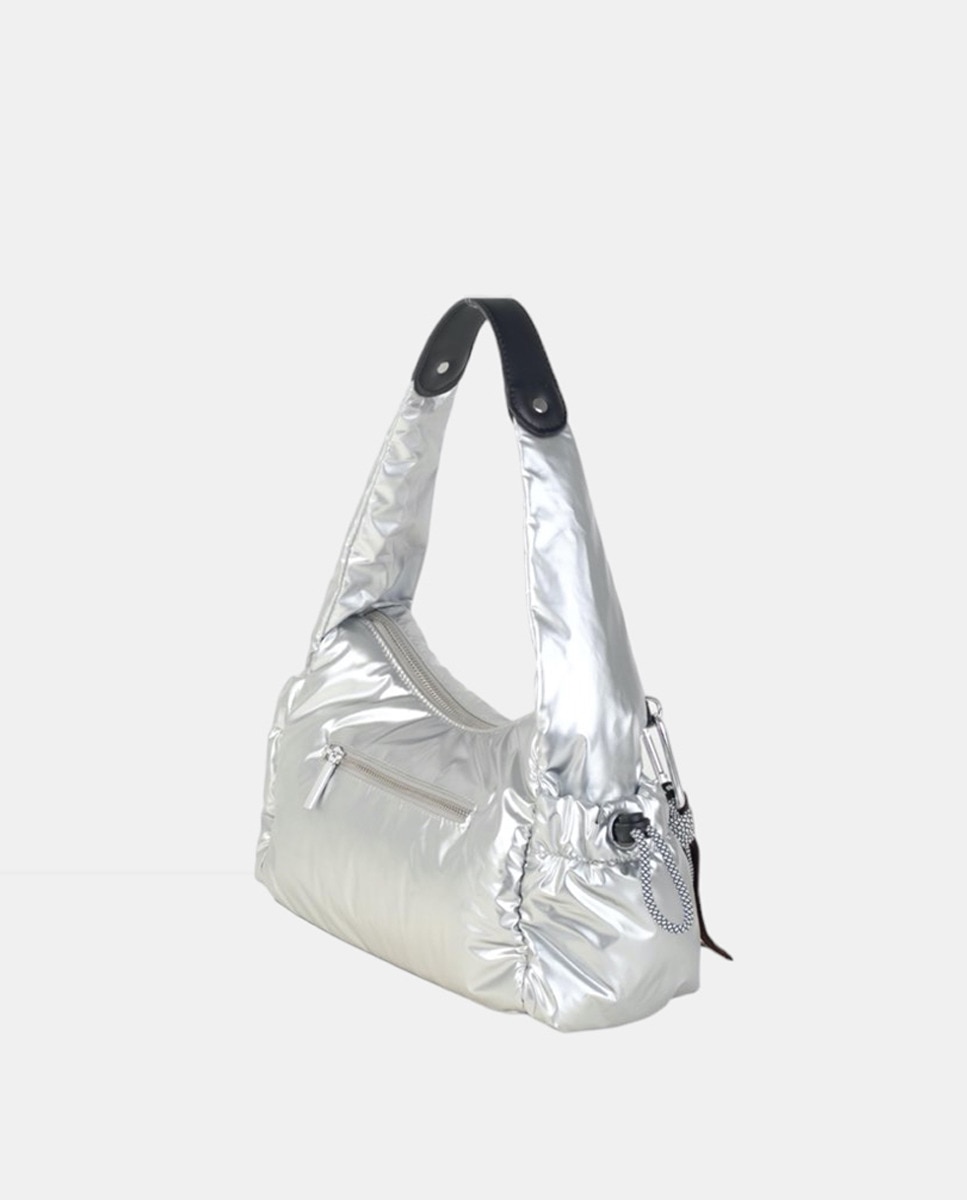 Mala de Ombro Tipo Baguette em Nylon com Detalhes Desportivos - Prateado Prata-2