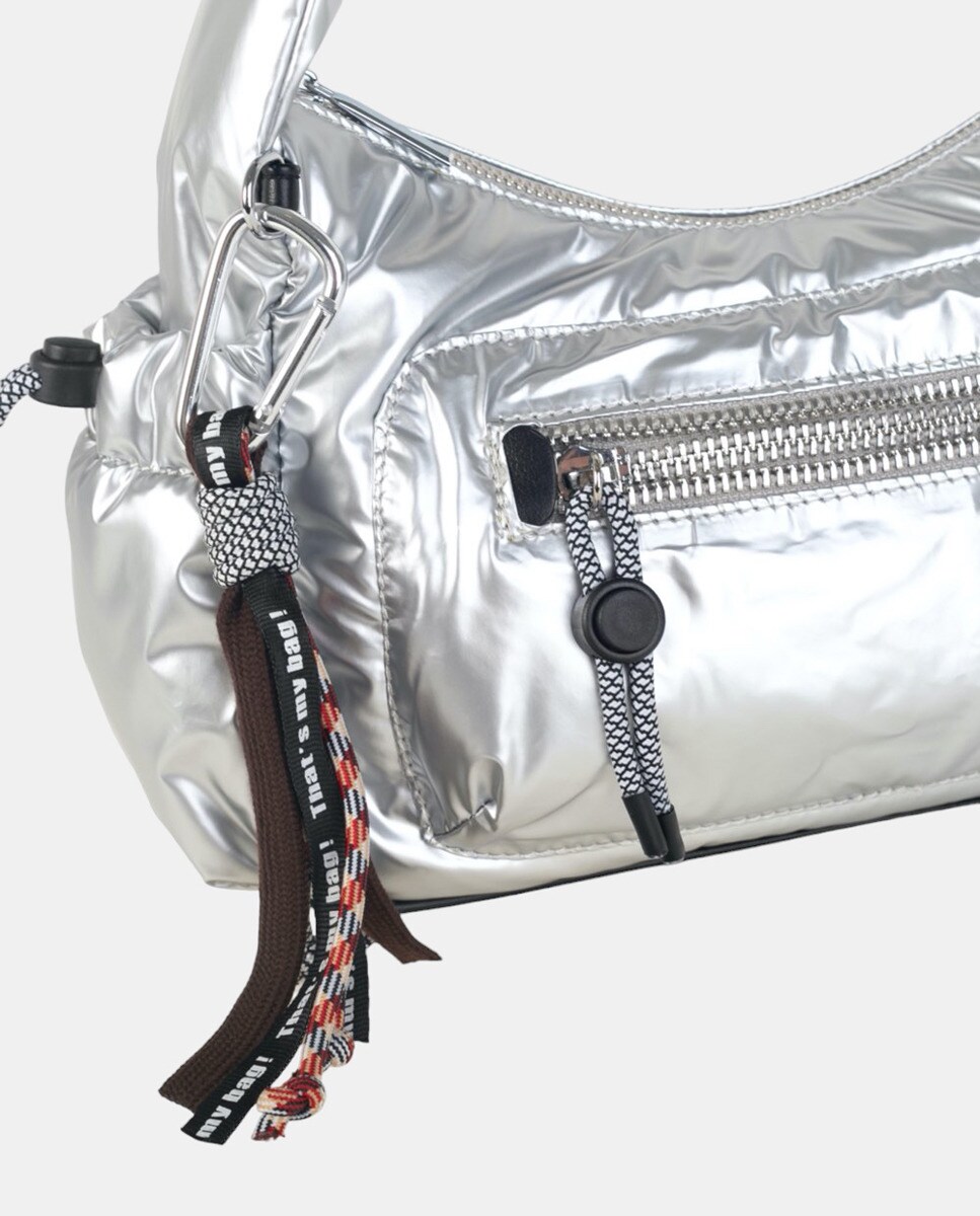 Mala de Ombro Tipo Baguette em Nylon com Detalhes Desportivos - Prateado Prata-3