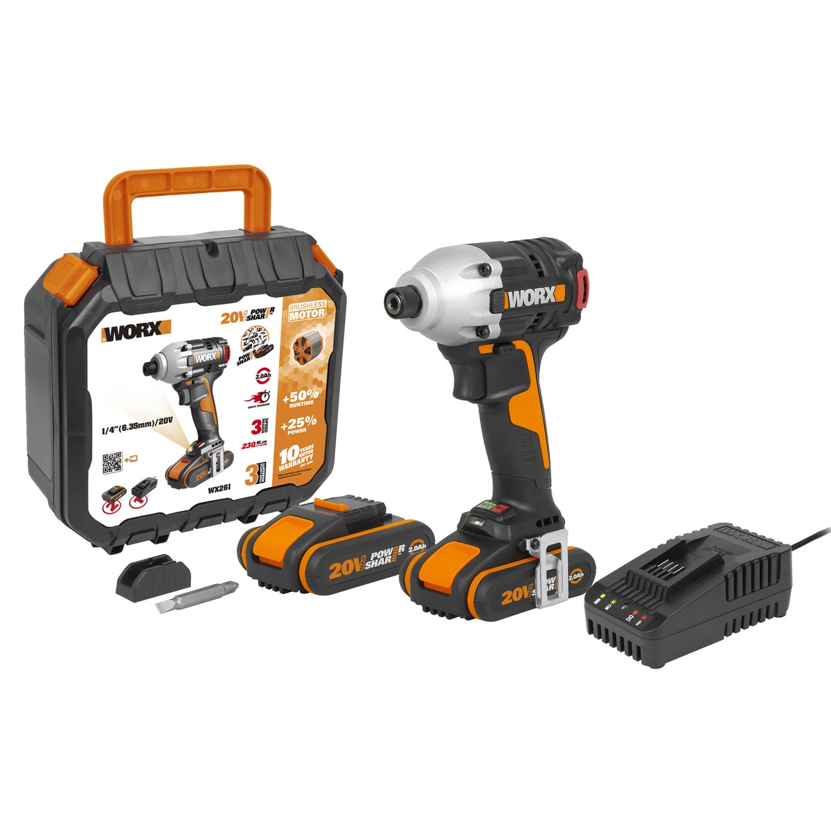 Imagen 0 de Atornillador de Impacto Eléctrico Motor Brushless a Bateria 20 V WX261 2 baterías