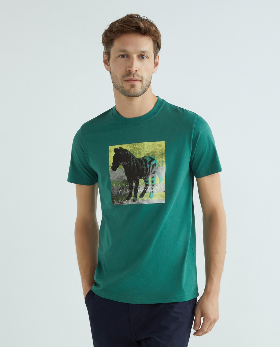 T-shirt de Manga Curta com Animal Print de Zebra Verde-1