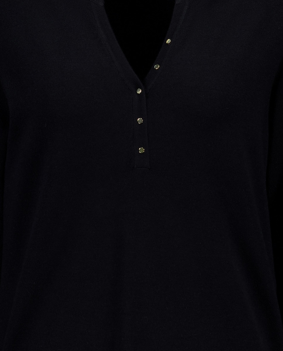 Camisola de Malha Fitted com Gola com Botões Preto-5
