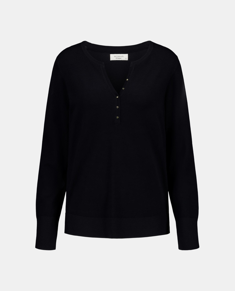 Camisola de Malha Fitted com Gola com Botões Preto-4