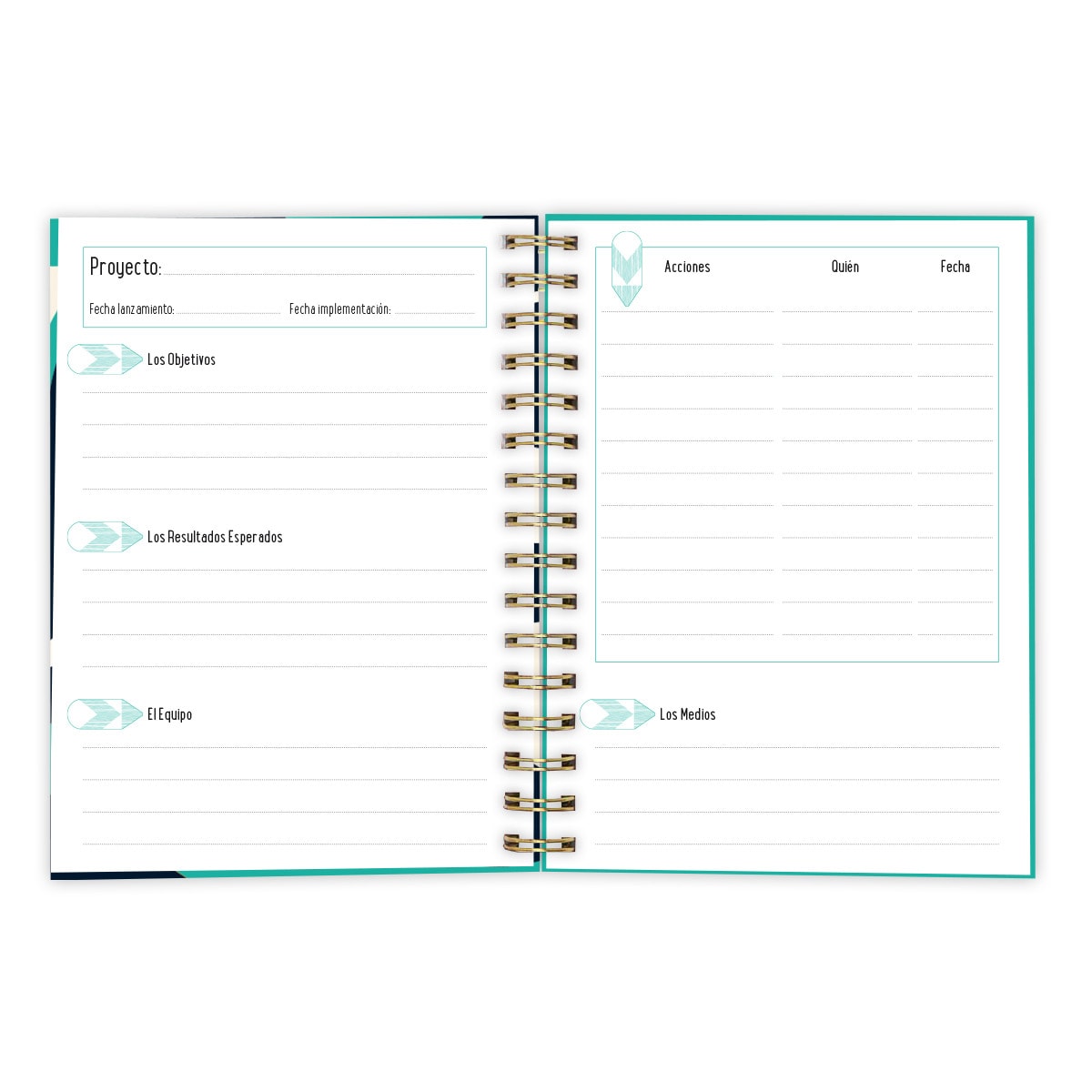 Cuaderno proyectos rayado a puntos con tapa dura Draeger estampado hojas azul Azul / Dorado-4