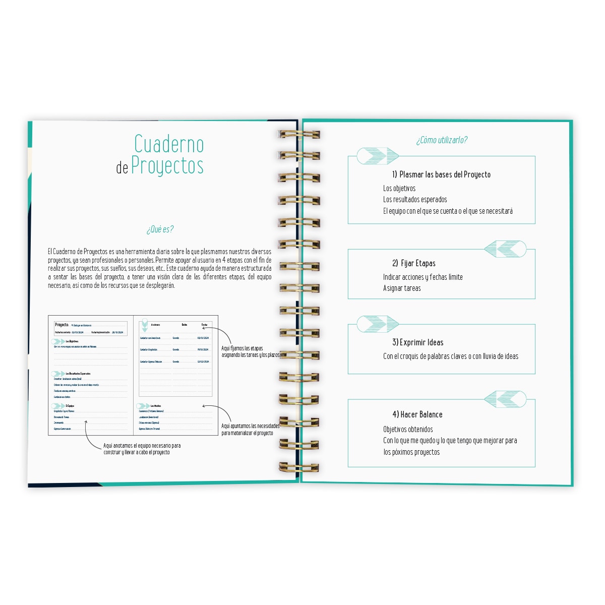 Cuaderno proyectos rayado a puntos con tapa dura Draeger estampado hojas azul Azul / Dorado-3