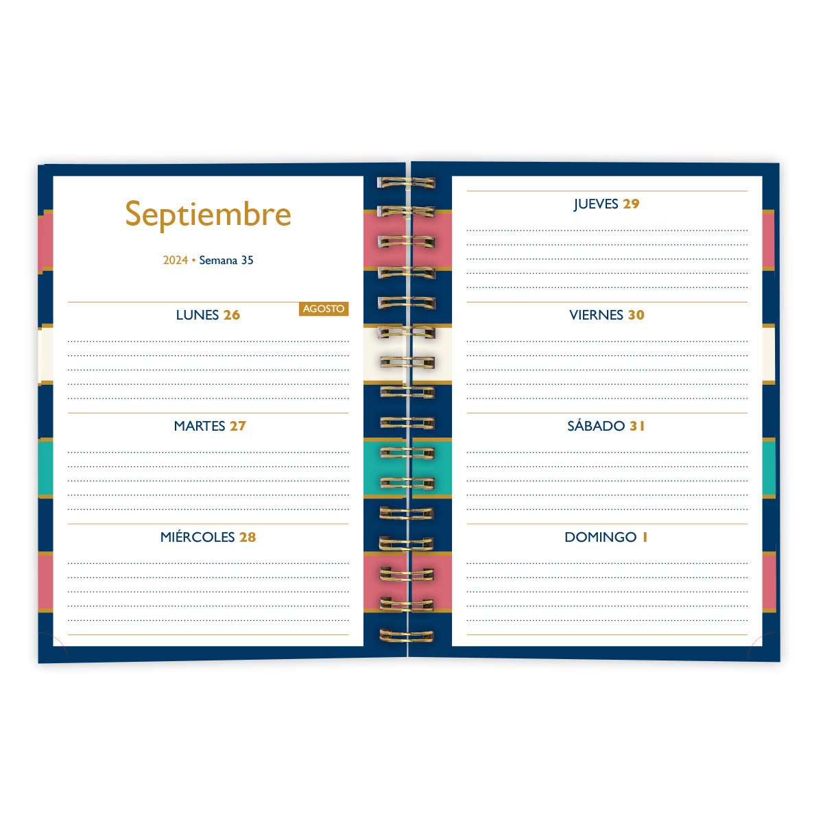 Agenda 2024-2025 (16 Meses) Draeger azul oscuro, rosa, turquesa y blanco castellano Azul / Dorado-4