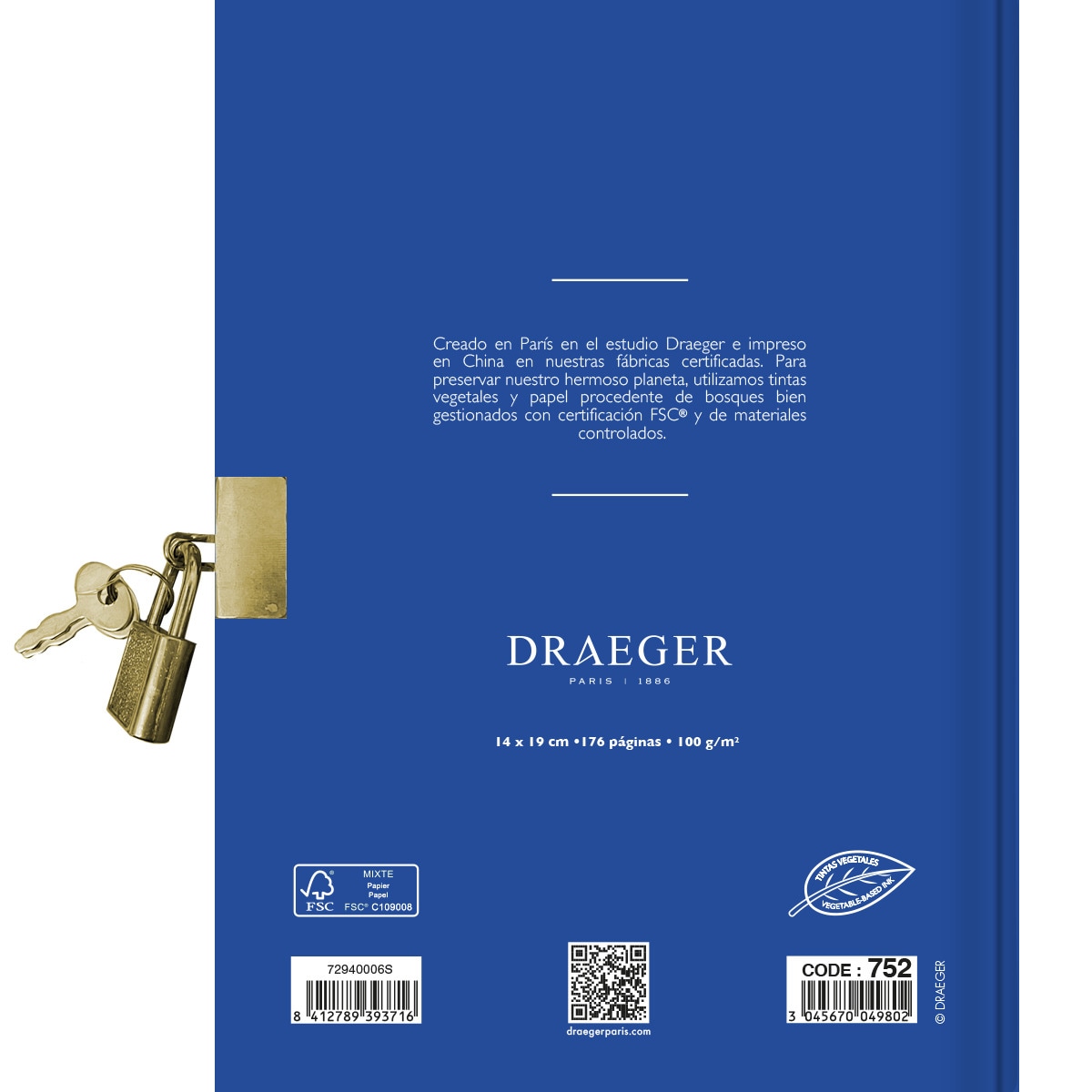 Diário fechada e forrada com motivos Draeger em azul-escuro e dourado num padrão pontilhado e com cadeado Azul / Dourado-3
