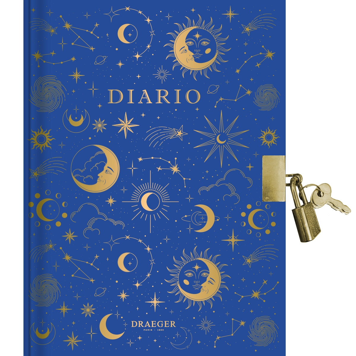 Diário fechada e forrada com motivos Draeger em azul-escuro e dourado num padrão pontilhado e com cadeado Azul / Dourado-1