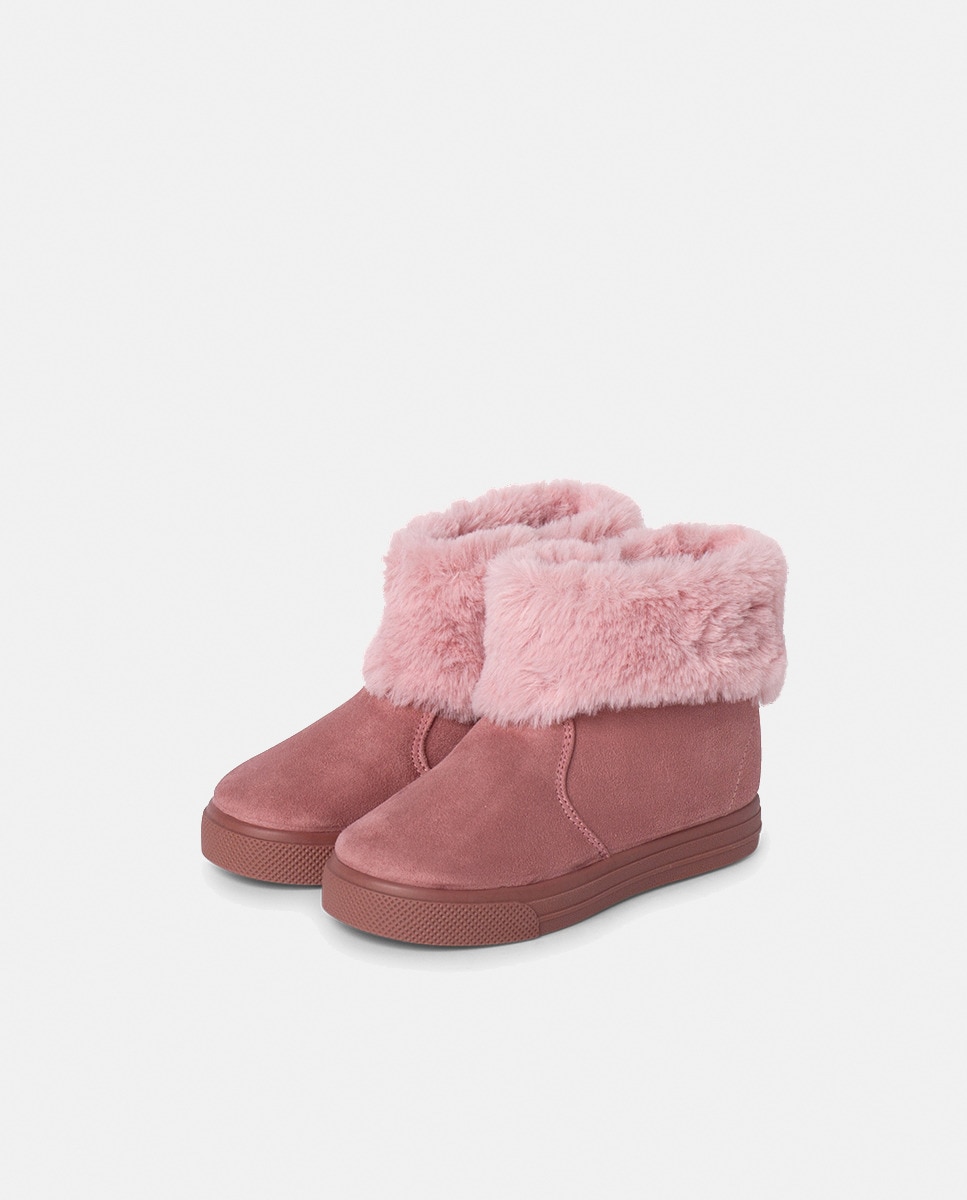 Botas de Bebé com Cano Dobrado de Pelo e Fecho de Correr - Azul-Marinho Rosa-3