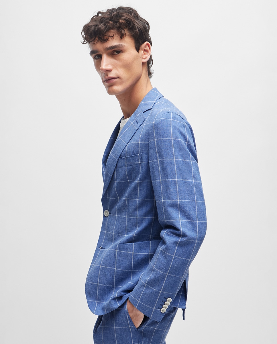 Fato de Duas Peças Slim Fit em Material aos Quadrados Azul-marinho-5