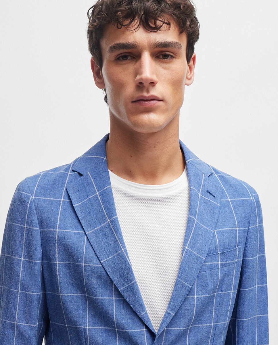 Fato de Duas Peças Slim Fit em Material aos Quadrados Azul-marinho-4