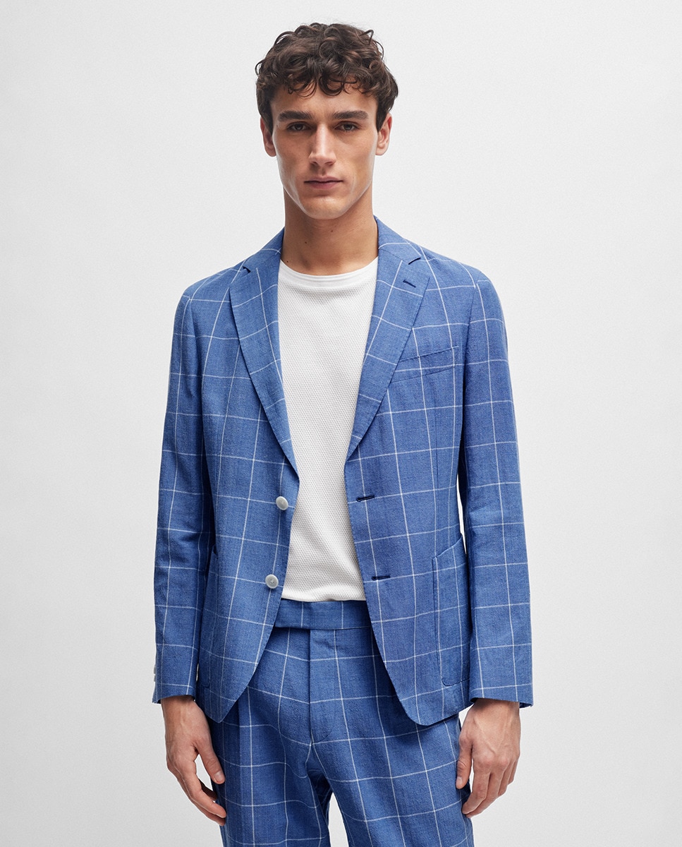 Fato de Duas Peças Slim Fit em Material aos Quadrados Azul-marinho-2