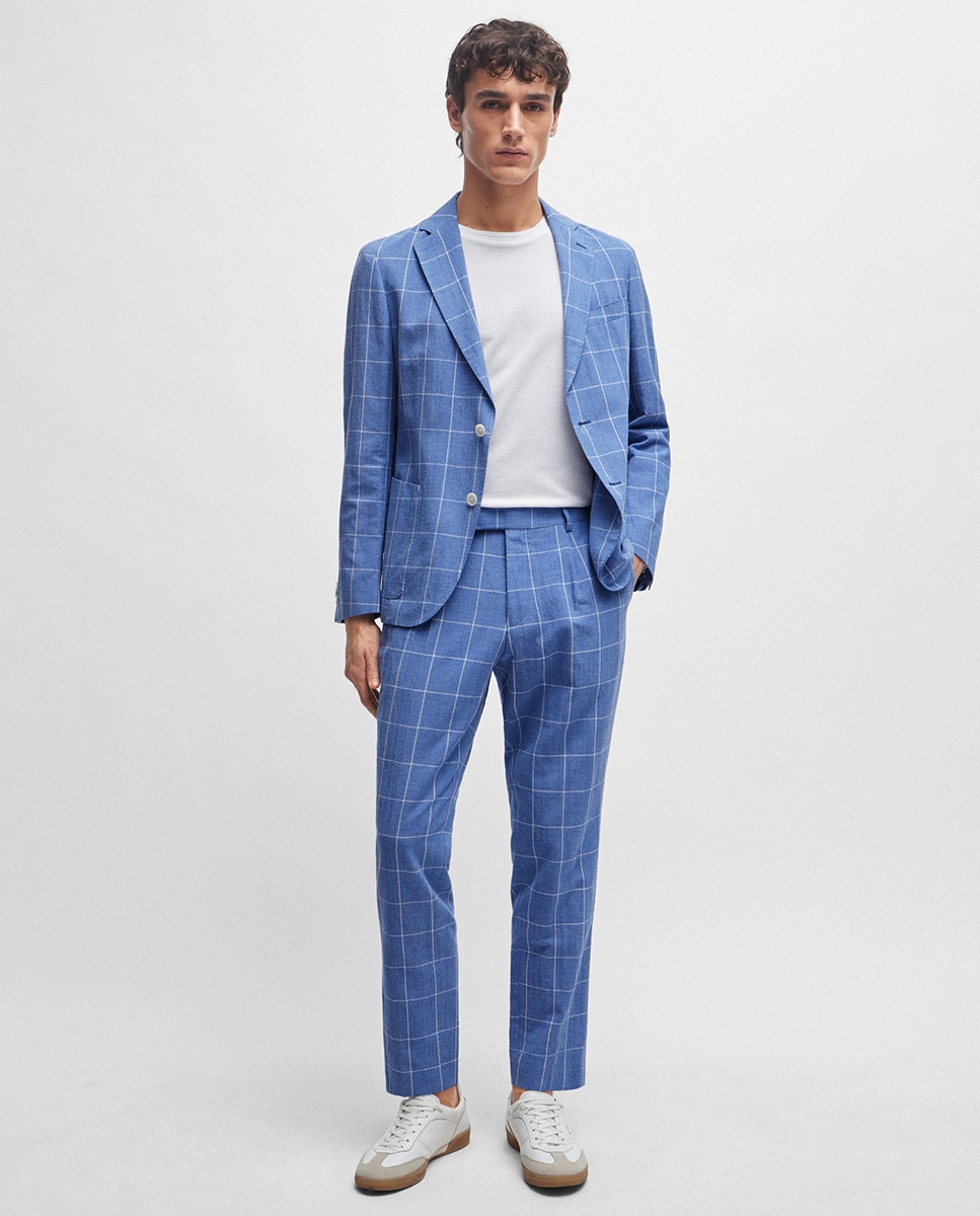 Fato de Duas Peças Slim Fit em Material aos Quadrados Azul-marinho-1