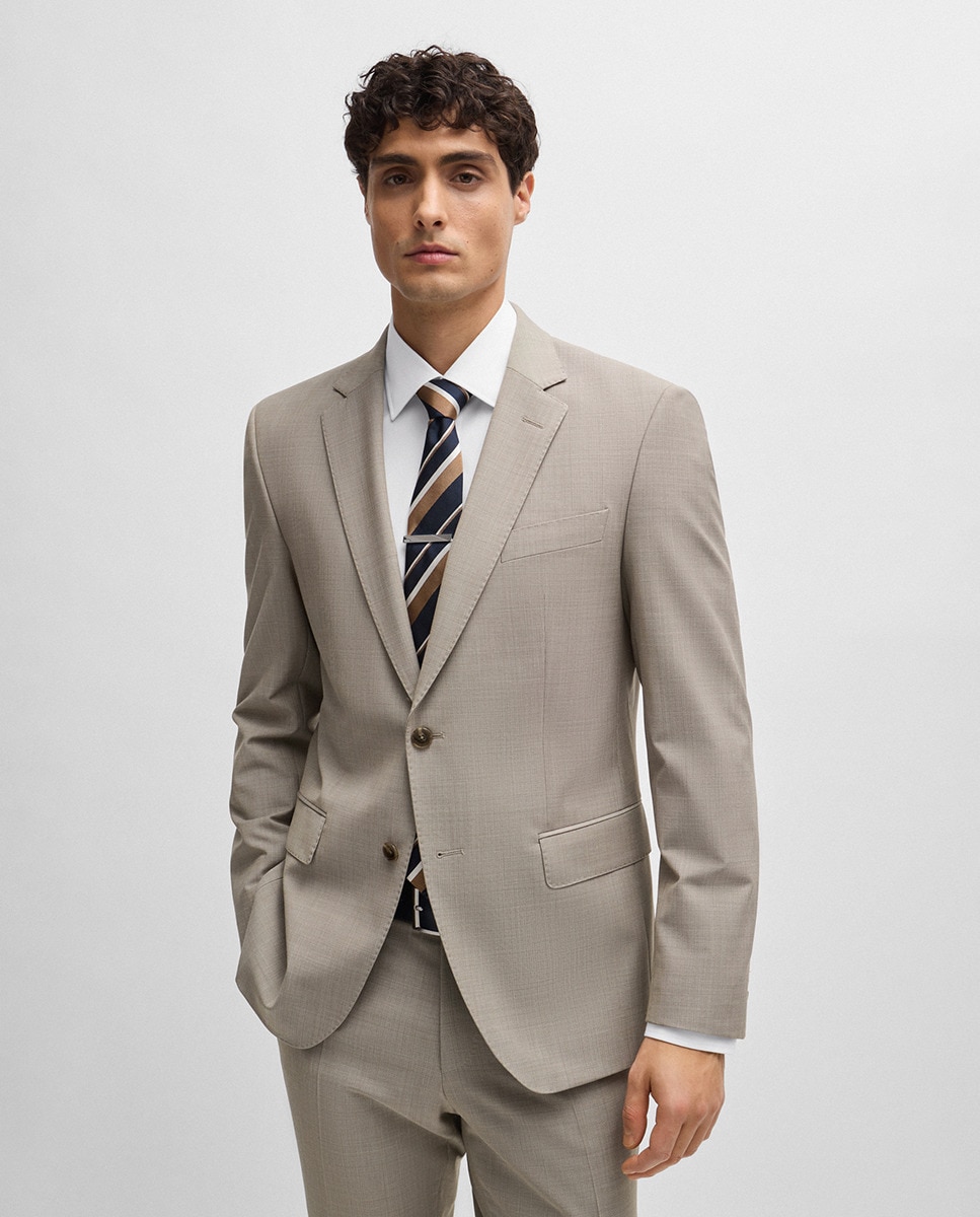 Fato Slim Fit de Pano Elástico com Micro Estampado Bege-5