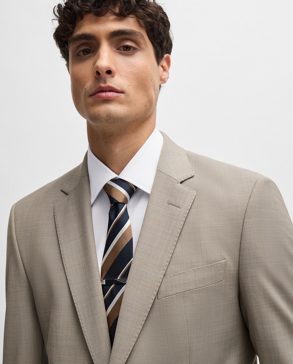 Fato Slim Fit de Pano Elástico com Micro Estampado Bege-4