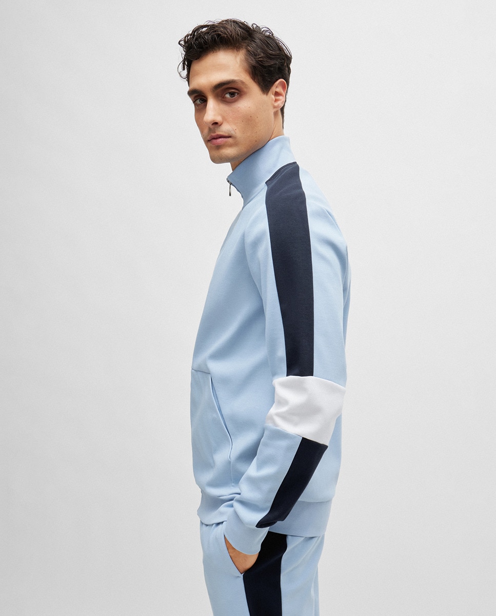 Sweatshirt de Algodão com Fecho de Correr na Gola e Color Block Azul-3