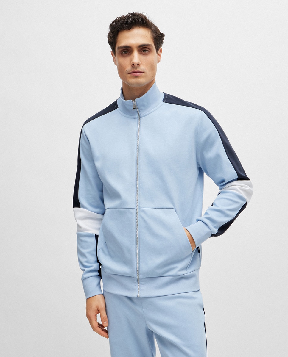 Sweatshirt de Algodão com Fecho de Correr na Gola e Color Block Azul-1