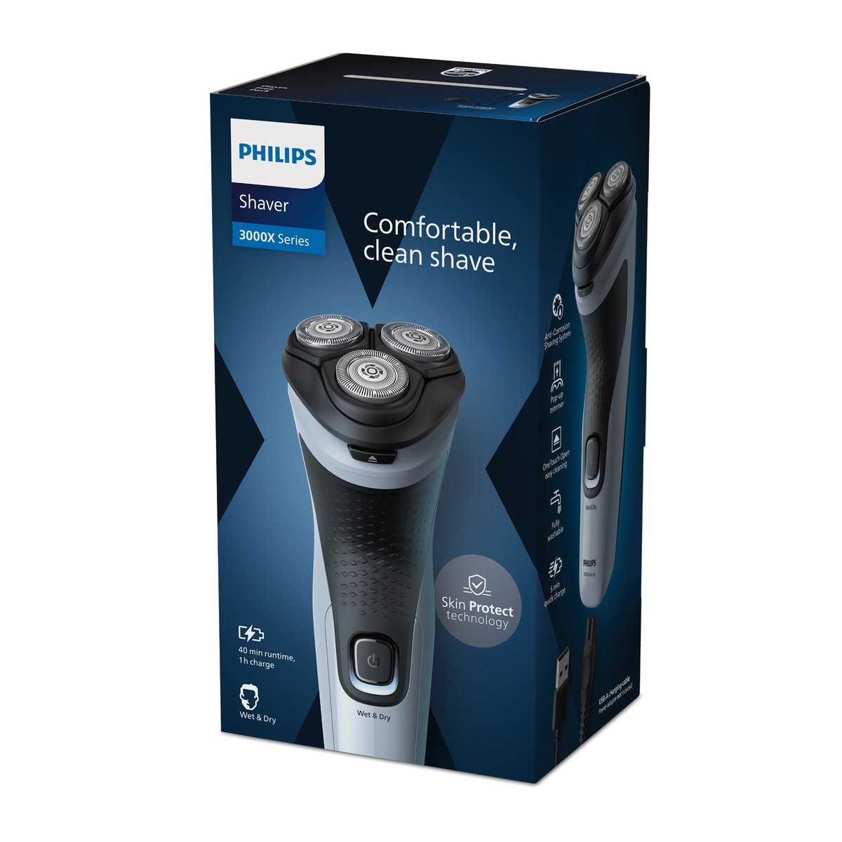 Afeitadora eléctrica Philips Serie X3000, 40 min autonomía,  máquina de afeitar hombre en seco y mojado, cabezales flexibles 4D Azul celeste-11