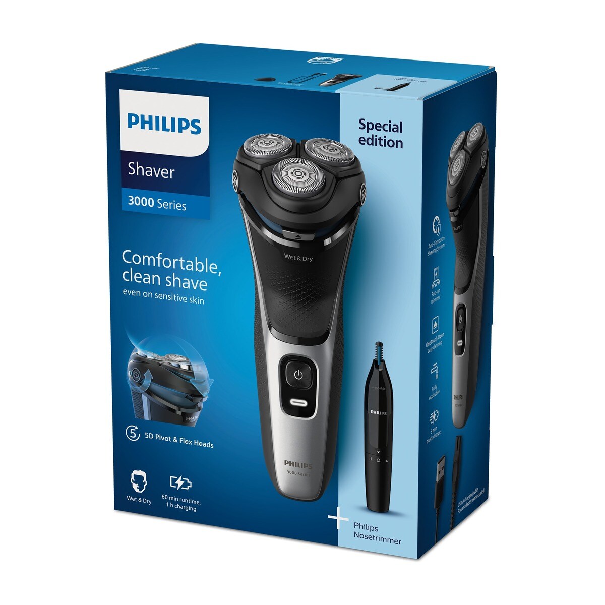 Afeitadora eléctrica Philips Serie 3000, 60 min autonomía, máquina de afeitar hombre en seco y mojado, con naricero Plata-11