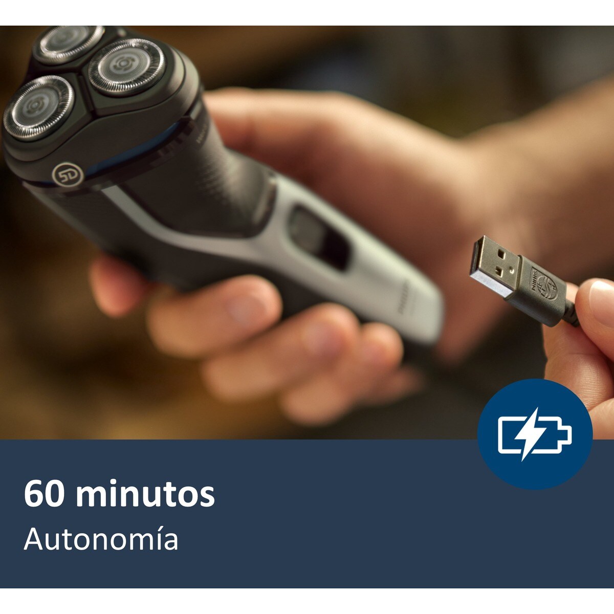 Afeitadora eléctrica Philips Serie 3000, 60 min autonomía, máquina de afeitar hombre en seco y mojado, con naricero Plata-10