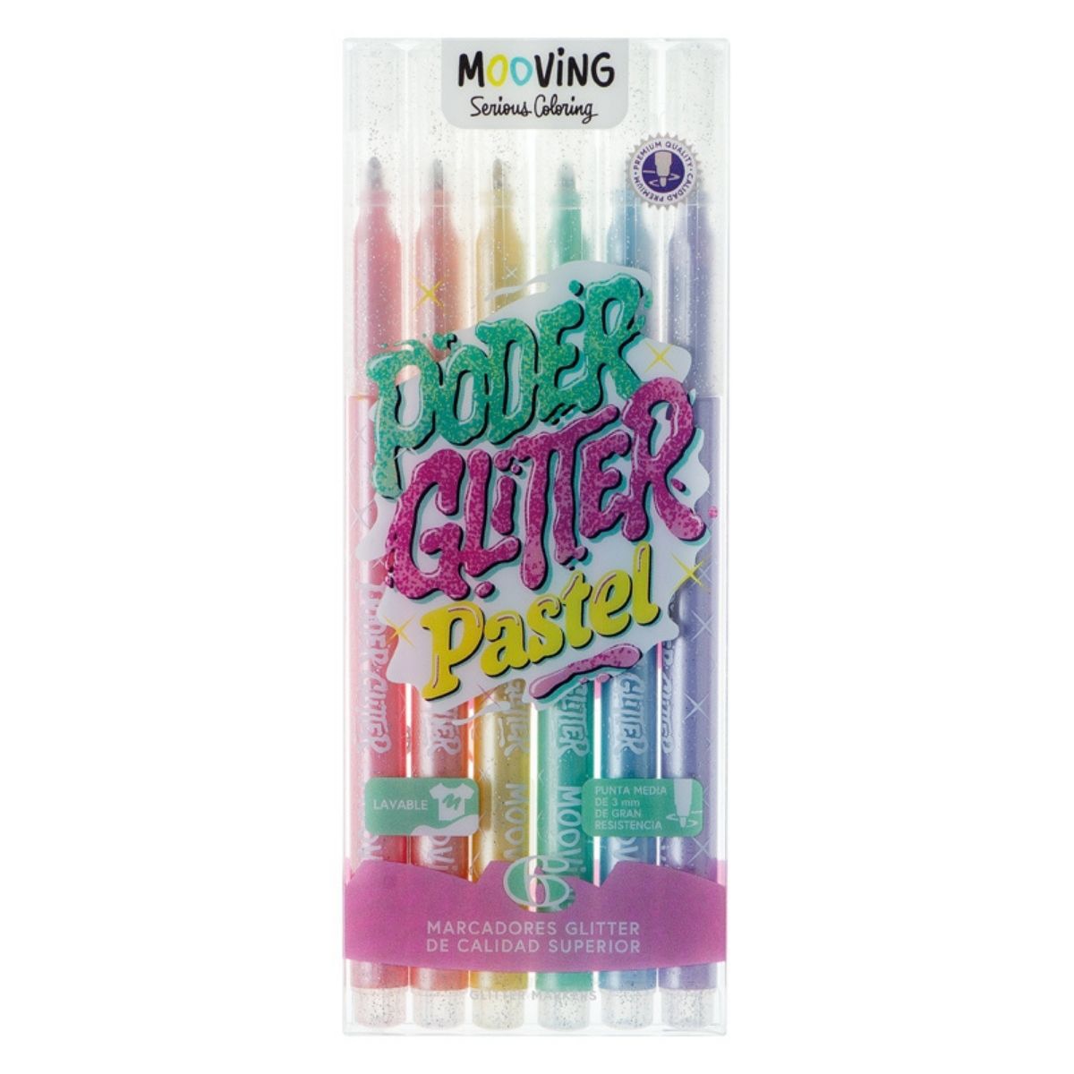 6 marcadores glitter en colores pastel Mooving 1