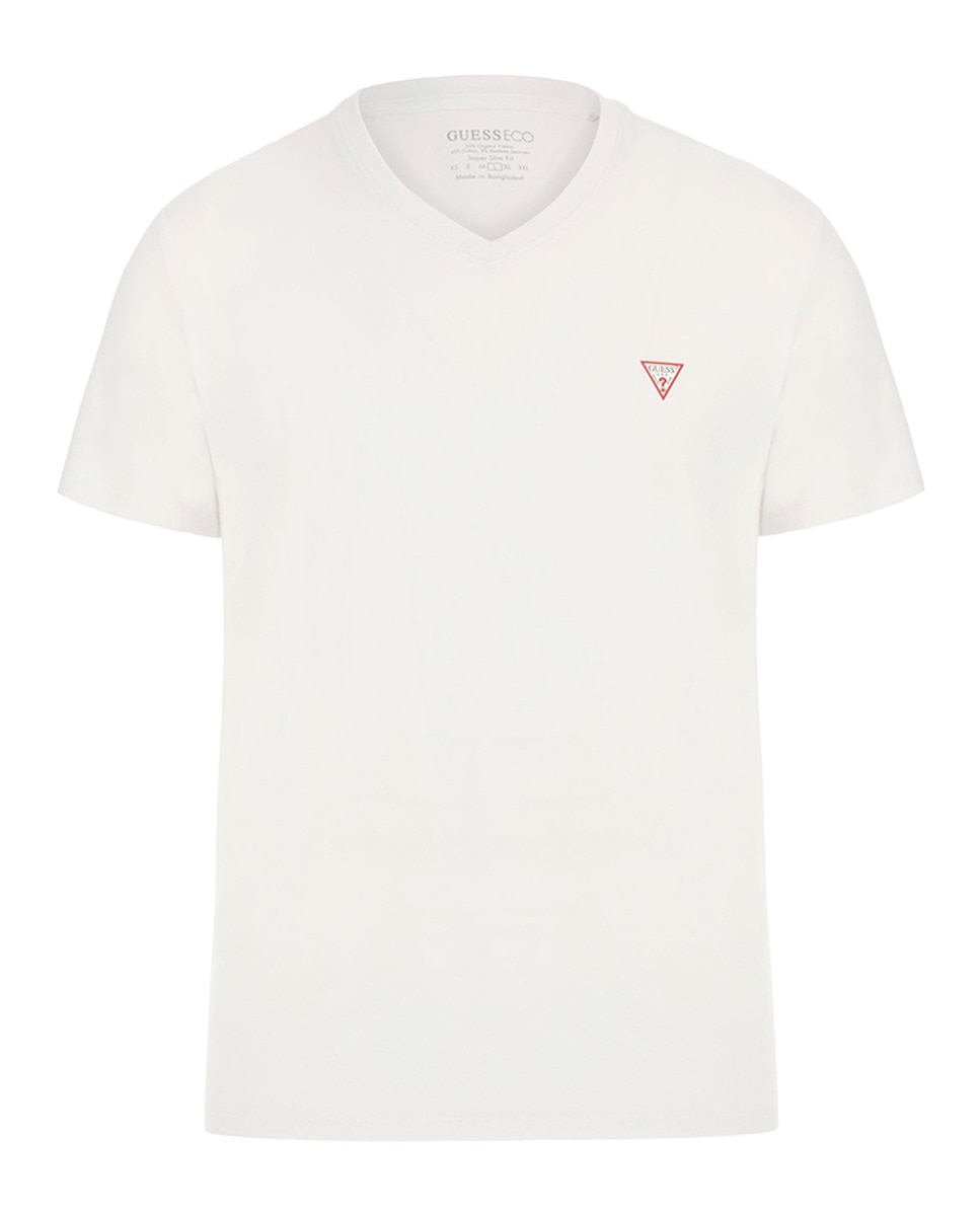 T-shirt de Manga Curta com Decote em Bico Branco-4