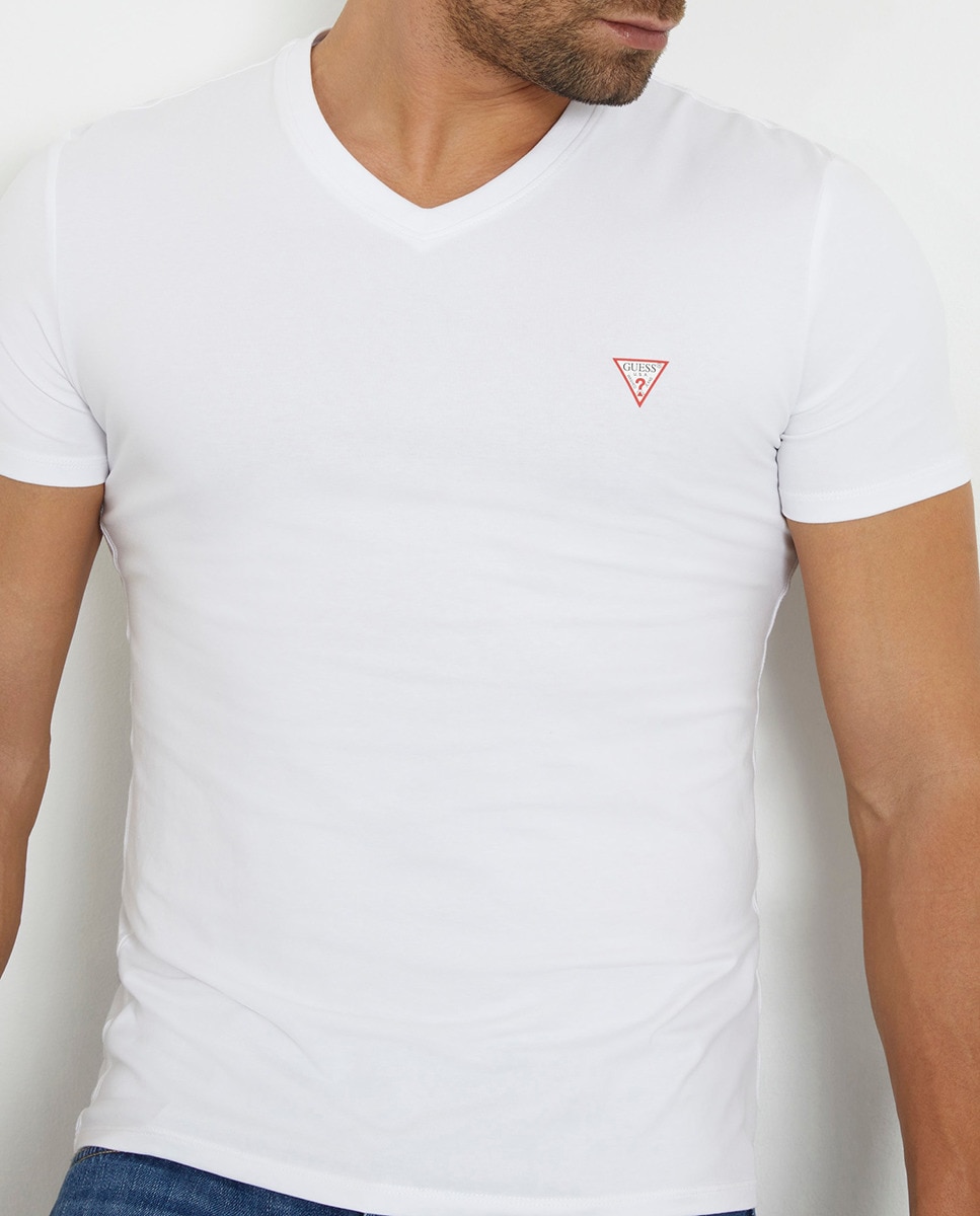 T-shirt de Manga Curta com Decote em Bico Branco-3