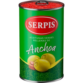 aceitunas verdes rellenas de anchoa sin gluten y sin lactosa lata 130 g neto escurrido - Serpis