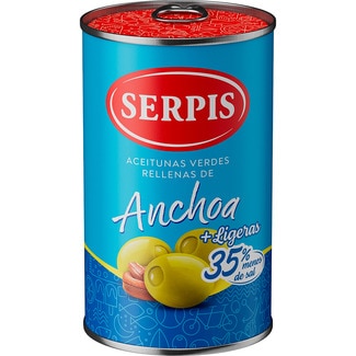 aceitunas verdes rellenas de anchoa + lígeras 35% menos sal sin gluten y sin lactosa lata 130 g neto escurrido - Serpis