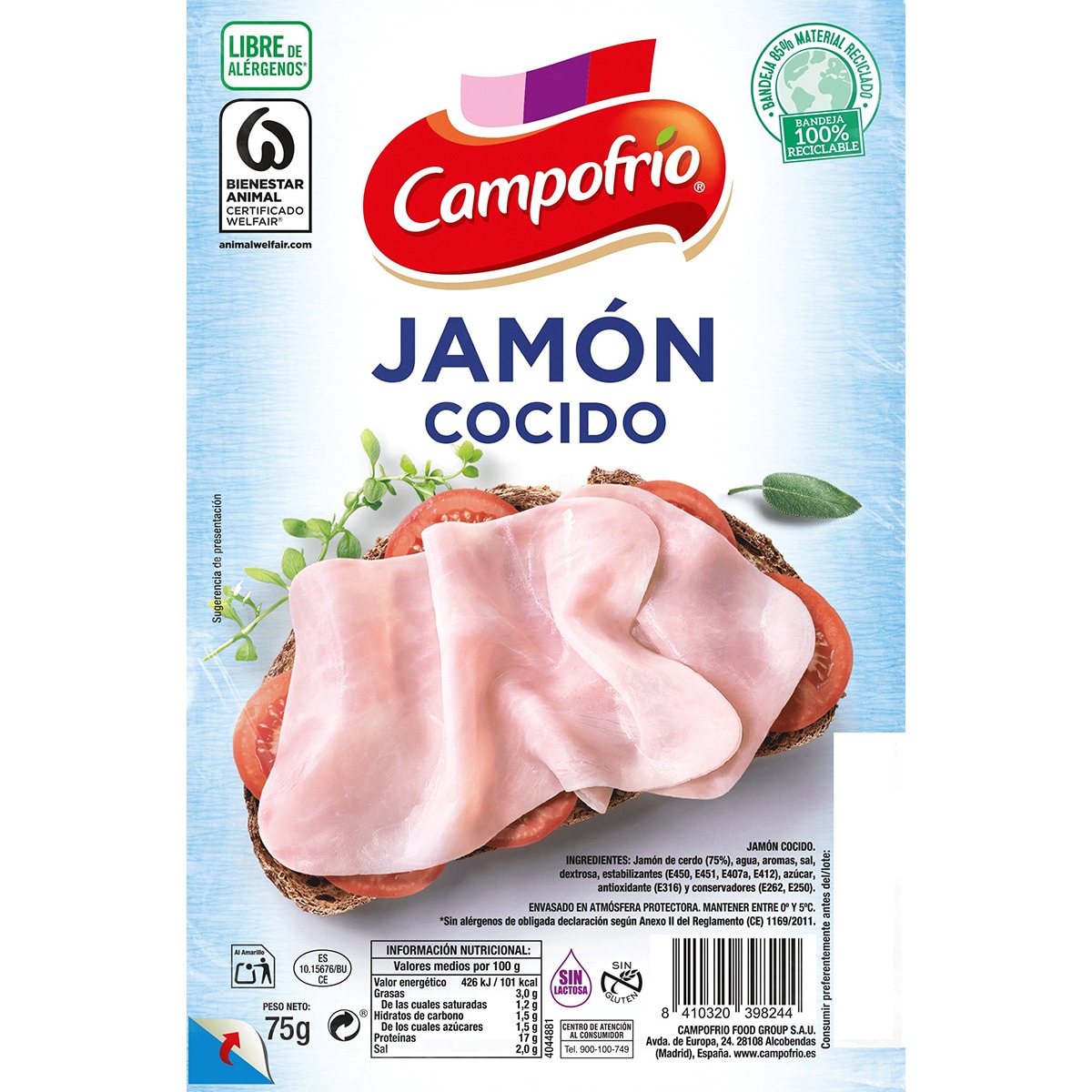 jamón cocido en lonchas sin gluten sin lactosa envase 75 g