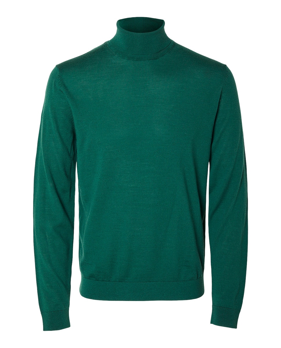 Camisola de Malha 100% Lã Merino com Gola Dobrada Verde-4