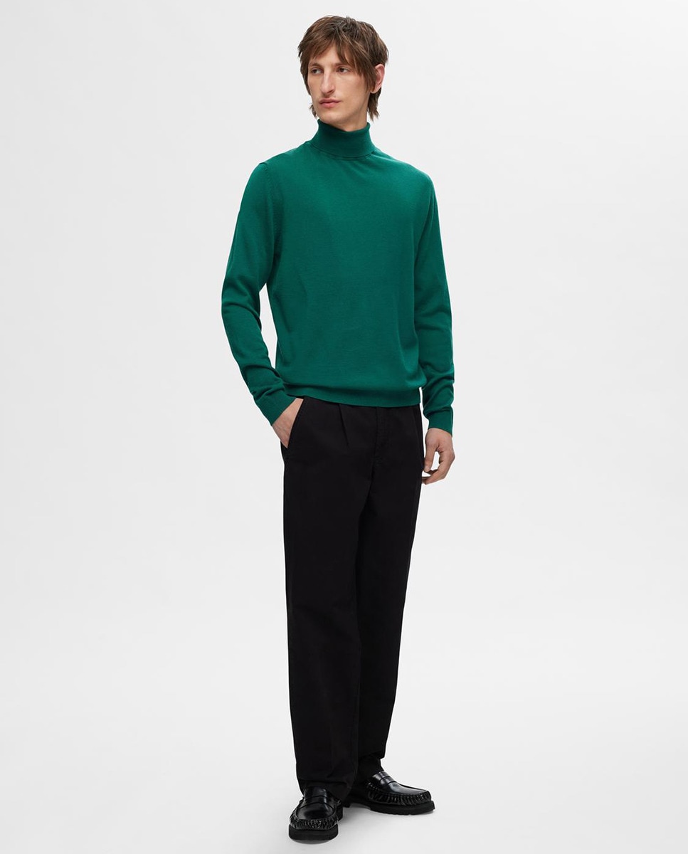 Camisola de Malha 100% Lã Merino com Gola Dobrada Verde-5
