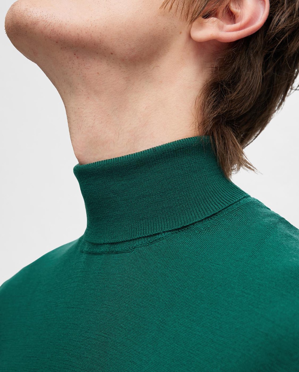Camisola de Malha 100% Lã Merino com Gola Dobrada Verde-3