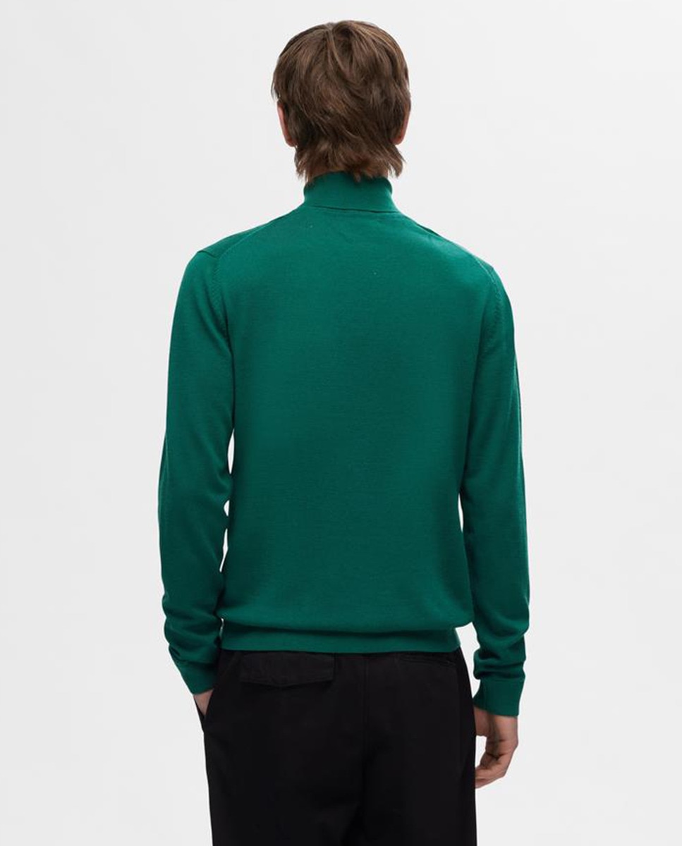Camisola de Malha 100% Lã Merino com Gola Dobrada Verde-2