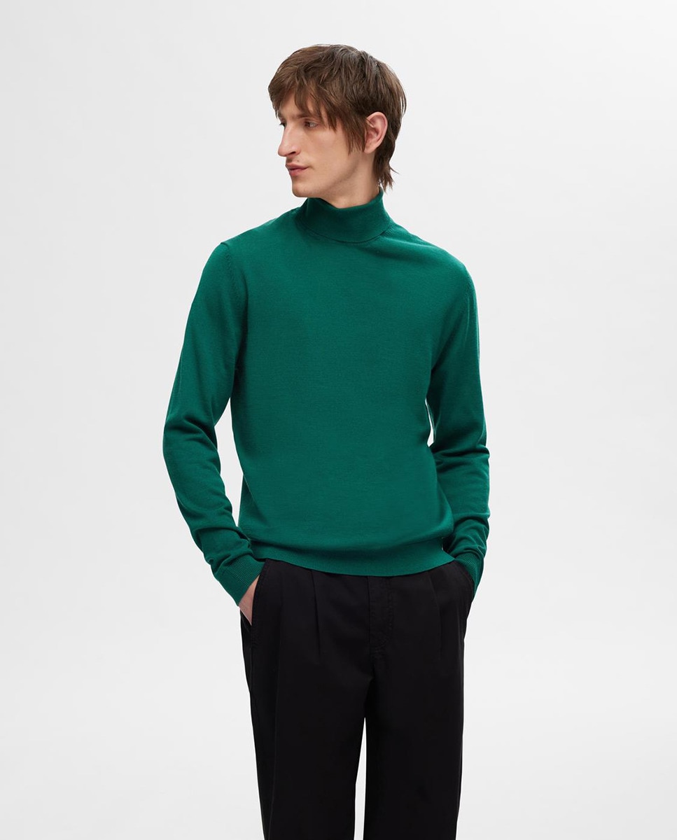 Camisola de Malha 100% Lã Merino com Gola Dobrada Verde-1