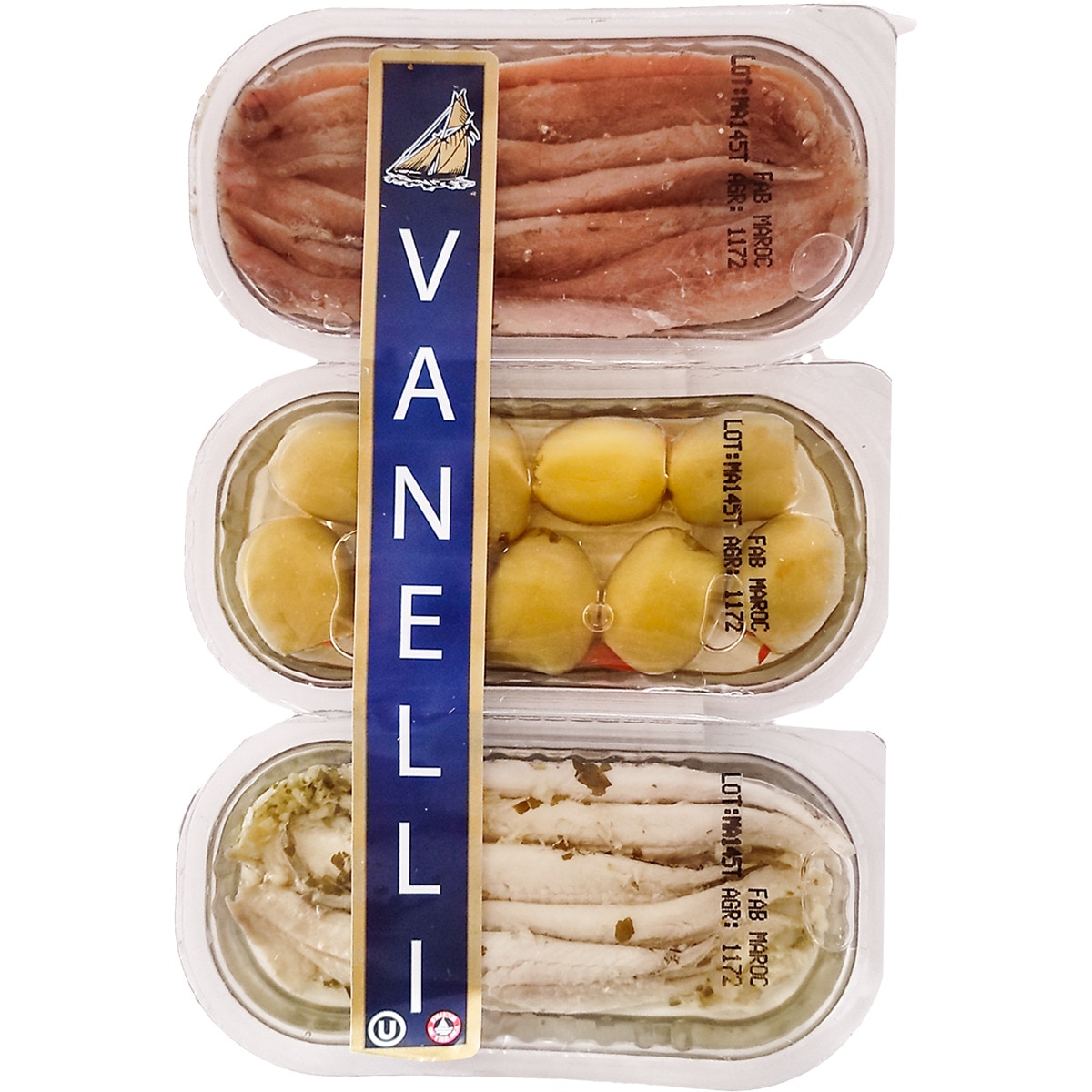 surtido de anchoas, boquerones y aceitunas tarrina 120 g