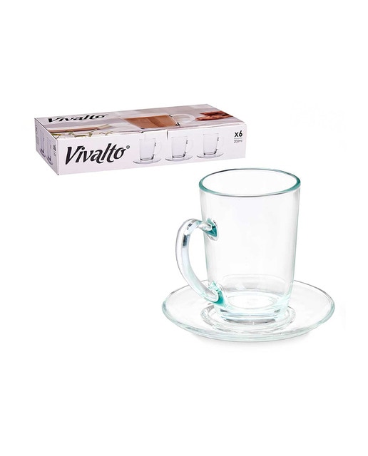 Imagen 0 de Pack 6 tazas vidrio cafe con leche 200ml con plato.