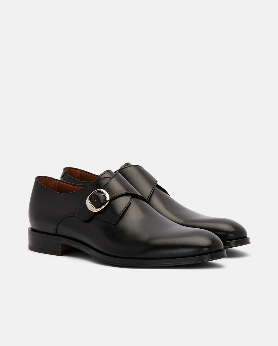 Bluchers com Fecho de Fivela e em Pele Preto-7