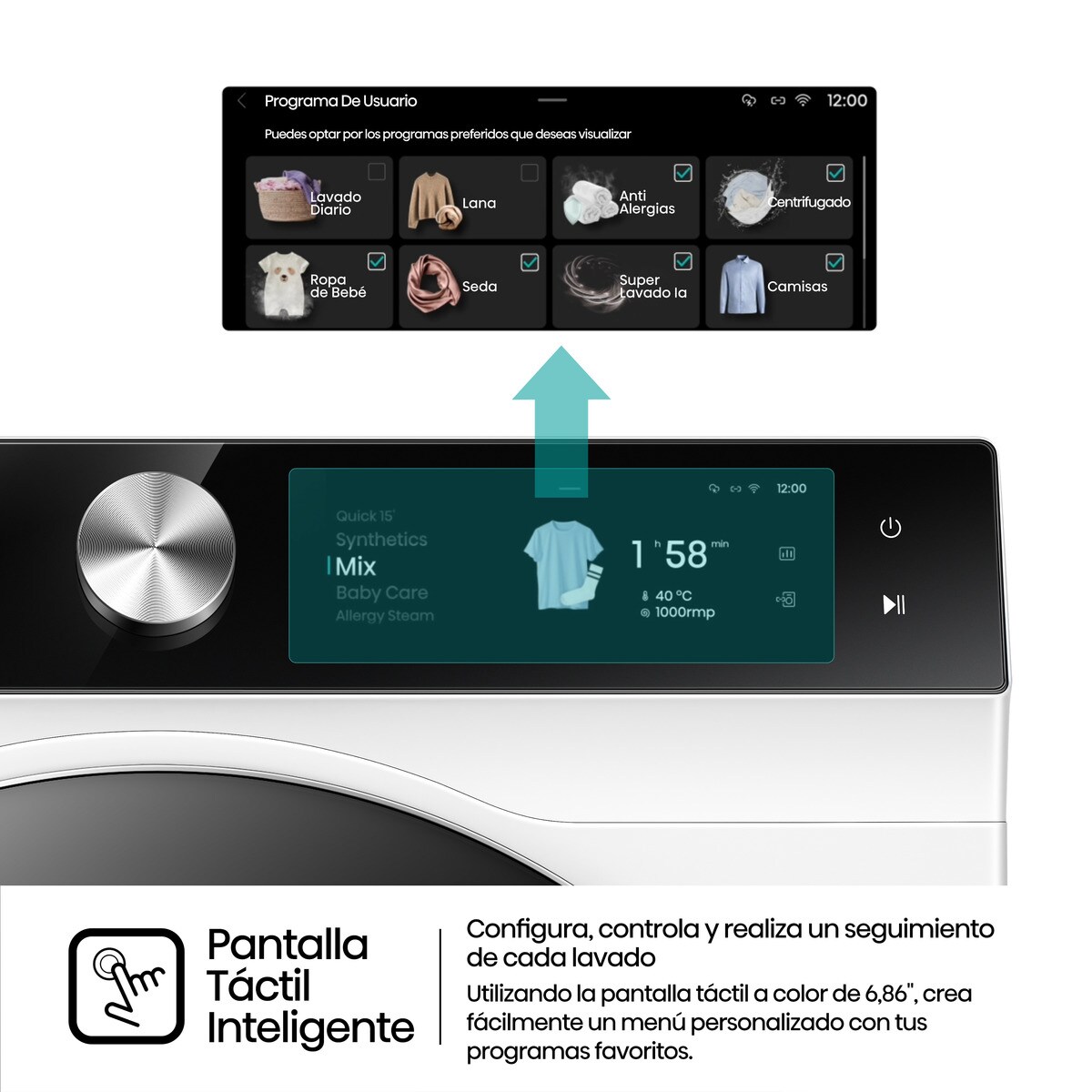 Lavadora Hisense 12 kg / 1.400 rpm, Wifi, Sistema Anticrease,Serie 7S- WF7S1247BW Blanco-5