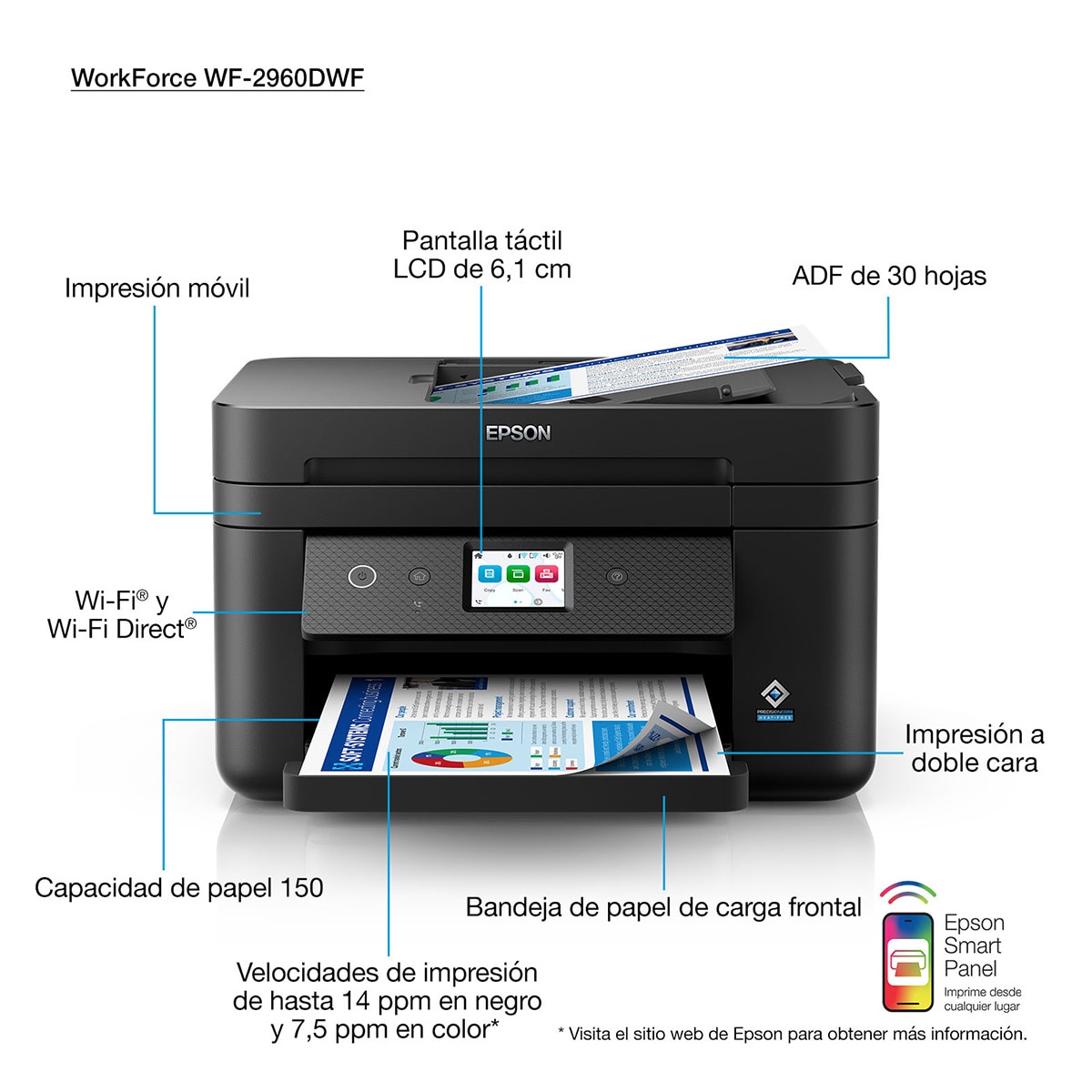 Impresora Multifunción tinta Epson Workforce WF-2960DWF, Fax y Wi-Fi Negro-2