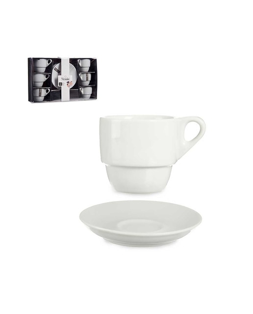 Imagen 0 de Set 6 tazas café porcelana blanca con plato 200ml