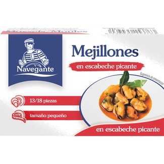 mejillones en escabeche picantes 13-18 piezas lata 69 g neto escurrido - Navegante